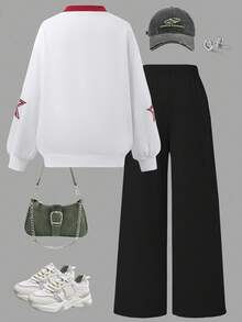 Sparklyn 2pcs/Set Girls Casual Fashion Street Style Numeric & English Letter Star Pattern V-Neck Loose Long Sleeve Top And Wide Leg Sweatpants Sports Suit, Daily Wear - Multicolor - View 2