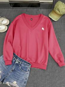 SHEIN EZwear 女士休闲花卉印花超大V领宽松运动衫，浅粉色和深灰色，适合秋冬季 - 粉色 - 查看 5