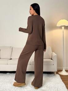 SHEIN PETITE Women Solid Color Crew Neck Long Sleeve Sweater And Long Pants Casual Regular Outfit, Autumn/Winter,Fall,Fall Clothes For Women,Winter Clothes For Women - Brown - View 2