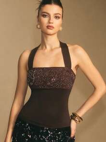 Poéselle Women's Summer Elegant Dark Brown Halter Neck Top,Patchwork Sequin & Beaded Decor Backless Tie Front Camisole,Date Night Clubwear Corset Top - Coffee Brown - View 1