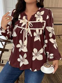 Weeklong Plus Size Women Floral Print Ruched Front Tie Lantern Sleeve Blouse - Multicolor - View 1
