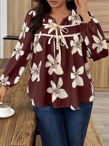 Weeklong Plus Size Women Floral Print Ruched Front Tie Lantern Sleeve Blouse - Multicolor - View 4