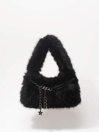Grunge Punk 2000s Style Women Shoulder Bags,Punk  Rivet Biker Bags,Fur Purse ,Autumn & Winter Wallets, Hobo Handbag(Random Pattern)