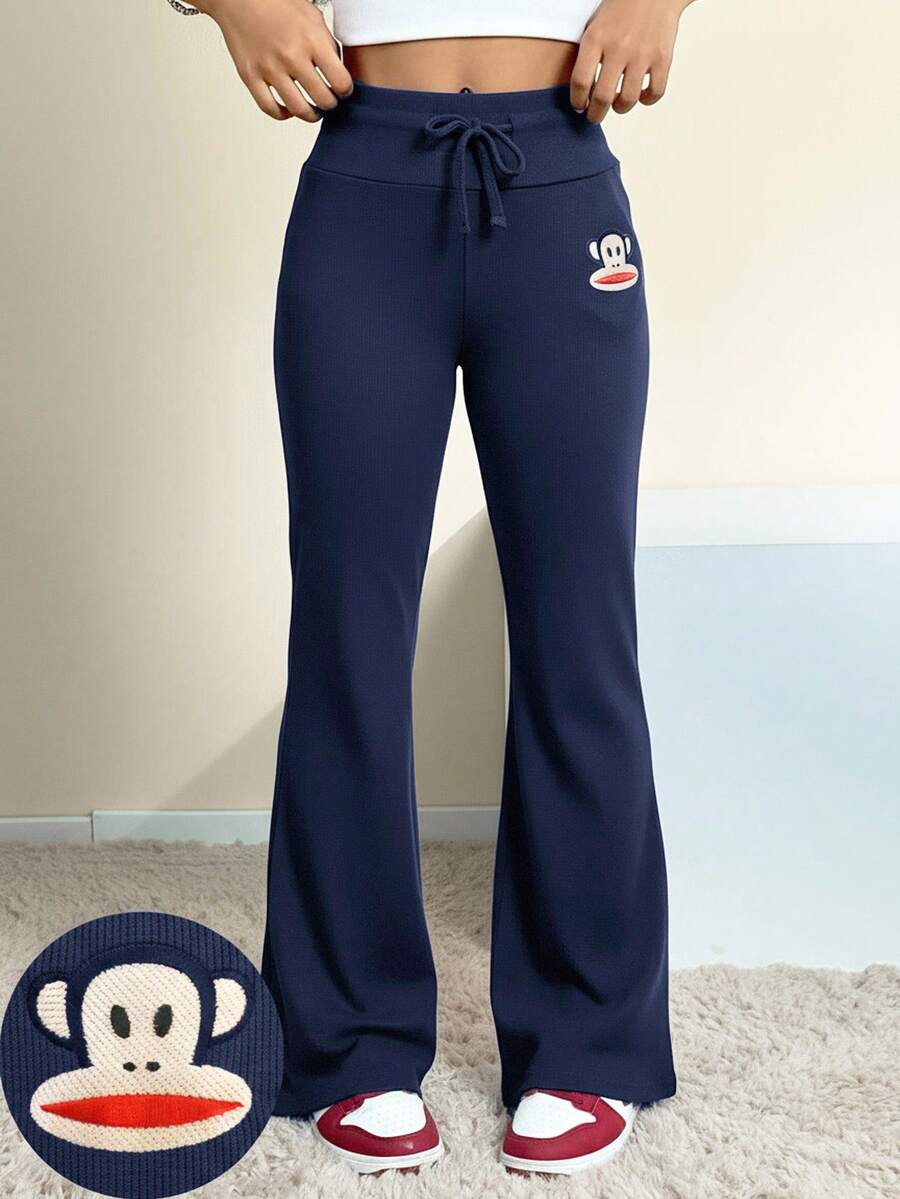 Paul Frank X SHEIN Tween Girls Fall/Winter Streetwear/Daily Wear/Chic Cartoon Embroidery Petite Bell Bottoms Pants,Halloween /Christmas/New Year/Thanksgiving - Navy Blue - View 1