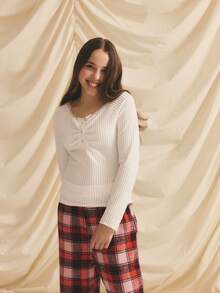 少女罗纹针织蕾丝边圆领长袖T恤，适合秋冬季户外、居家及各种场合穿着。 - 白色 - 查看 6