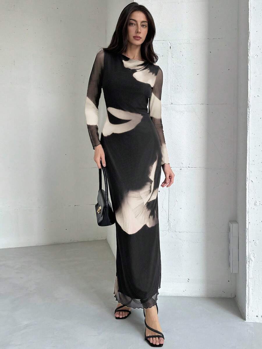 Aloruh Váy dự tiệc cocktail cổ thuyền tay dài in họa tiết lưới nhuộm sang trọng, thu/đông - Màu Khaki - Xem 1