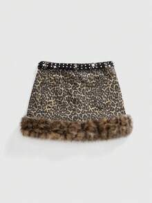 ROMWE Grunge Punk Plus Size Grunge-Punk Leopard Print Denim Faux Fur Leopard Print Sexy Party Club Music Festival Denim Mini Skirt, Autumn/Winter Plus Size Avant-Garde Sexy Women Plus Size Denim Skirt - Multicolor - View 2