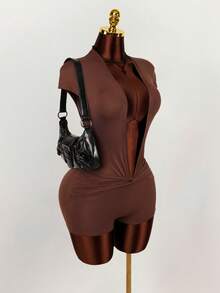 Amplova Fashionable Sexy Deep V Twist Sleeve Bodycon Romper - Brown - View 5
