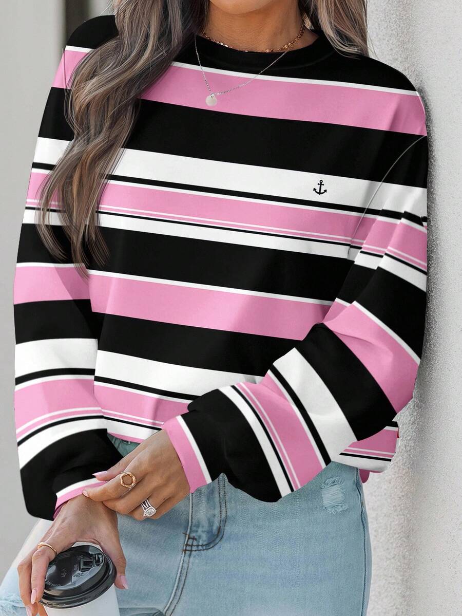 EMERY ROSE Sudadera de talla grande con estampado de bloques de color a rayas de estilo minimalista casual, adecuada para otoño/invierno - Multicolor - Ver 1