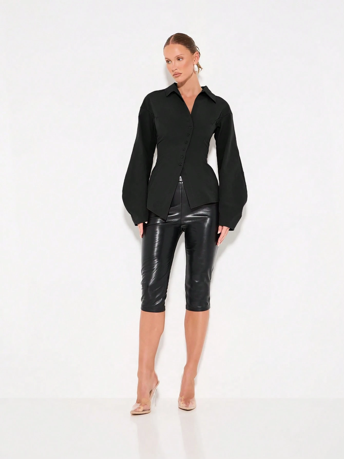 KIZN Structured Poplin Button Down Blouse With Puff Sleeves And Asymmetrical Hem For Professional Wear