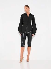 KIZN Áo sơ mi nữ tay dài cài nút cổ nhọn, viền bất đối xứng - màu đen - Xem 3