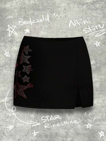 Y2Kool Studio Chunk Minifalda de mujer con pedrería en forma de pentágono y abertura lateral, falda ajustado ajustada para fiesta de Halloween, minifalda negra con gráfico de estrellas para vacaciones, idea de combinación casual, colección de ropa elegante, atuendos de Año Nuevo