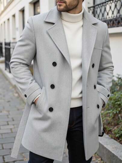 Manfinity CasualCool 男士纯色口袋纽扣长袖大衣，秋季外出外套，送给朋友、丈夫、男友的礼物，男士长款大衣，男士奢华服装，男士风衣，男士设计师服装