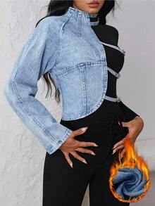 Jeanoix 女士性感镂空水洗修身牛仔夹克，秋季 - 淺色水洗藍 - 查看 3