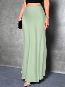 SHEIN Tall Women's Green Satin Mermaid Maxi Skirt With Zipper For Party Elegance - Green - View 3