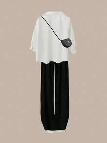 SHEIN PETITE CURVE 大码浅蓝色长袖衬衫、吊带背心和阔腿裤三件套，优雅休闲家居服，适合娇小身材 - 彩色 - 查看 2