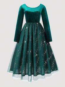 SHEIN Women's Green Velvet Sequin & Mesh Patchwork Dress, Suitable For Parties, Christmas