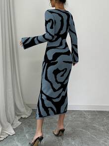 Elenzga 女式撞色图案喇叭袖针织连衣裙 - 霧霾藍 - 查看 2