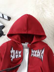 SHEIN 2 件男婴字母刺绣连帽衫和裤子套装，柔软舒适的休闲风格，适合秋冬季外出、户外玩耍、度假、日常穿着 - 酒紅色 - 查看 6