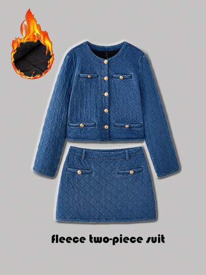 Maija 女式秋季金属单排扣牛仔夹克和牛仔迷你裙休闲套装