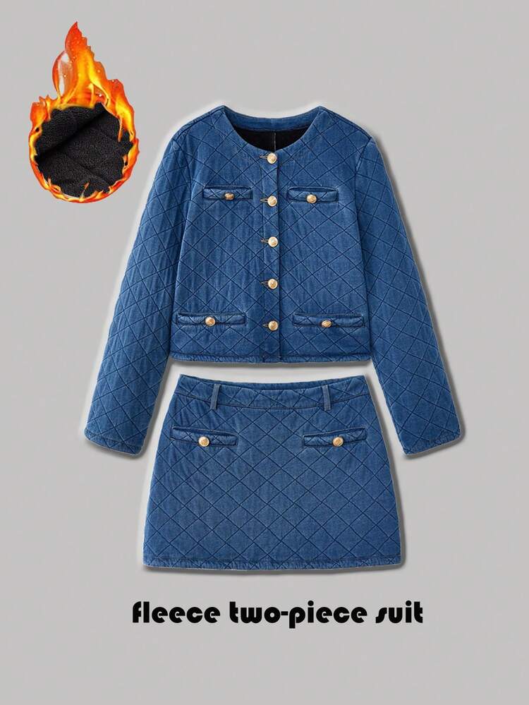 SHEIN Maija 여성 가을 메탈 싱글 브레스트 데님 재킷 및 데님 미니 스커트 캐주얼 슈트