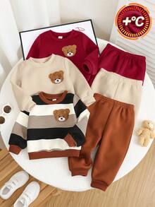 SHEIN Bộ 6 món/Bộ đồ thể thao cho bé trai/bé gái thường ngày dễ thương hình gấu & sọc kaki, quần nỉ và áo nỉ, quần áo trẻ em unisex, quần áo mùa đông cho bé - Màu Đỏ Sâu - Xem 4