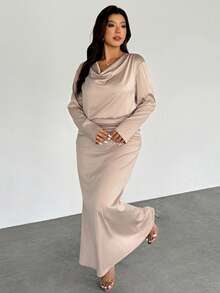 SHEIN Privé 2 件套女式缎面高领系带衬衫和褶皱长裙，适合情人节、音乐会、表演、约会、派对、婚礼、性感、优雅、通勤、返校、度假、海滩、浪漫、大码 - 杏色 - 查看 4