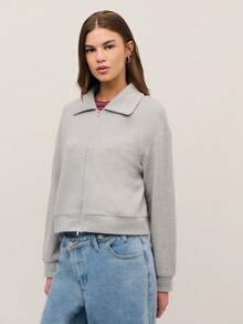 Nöista Light Grey Soft Knit Zip-Up Jacket For Women,High Collar Cozy Autumn Casual School Back-To-School Layering Piece,Elegant Thanksgiving Holiday Styling - Grey - View 4