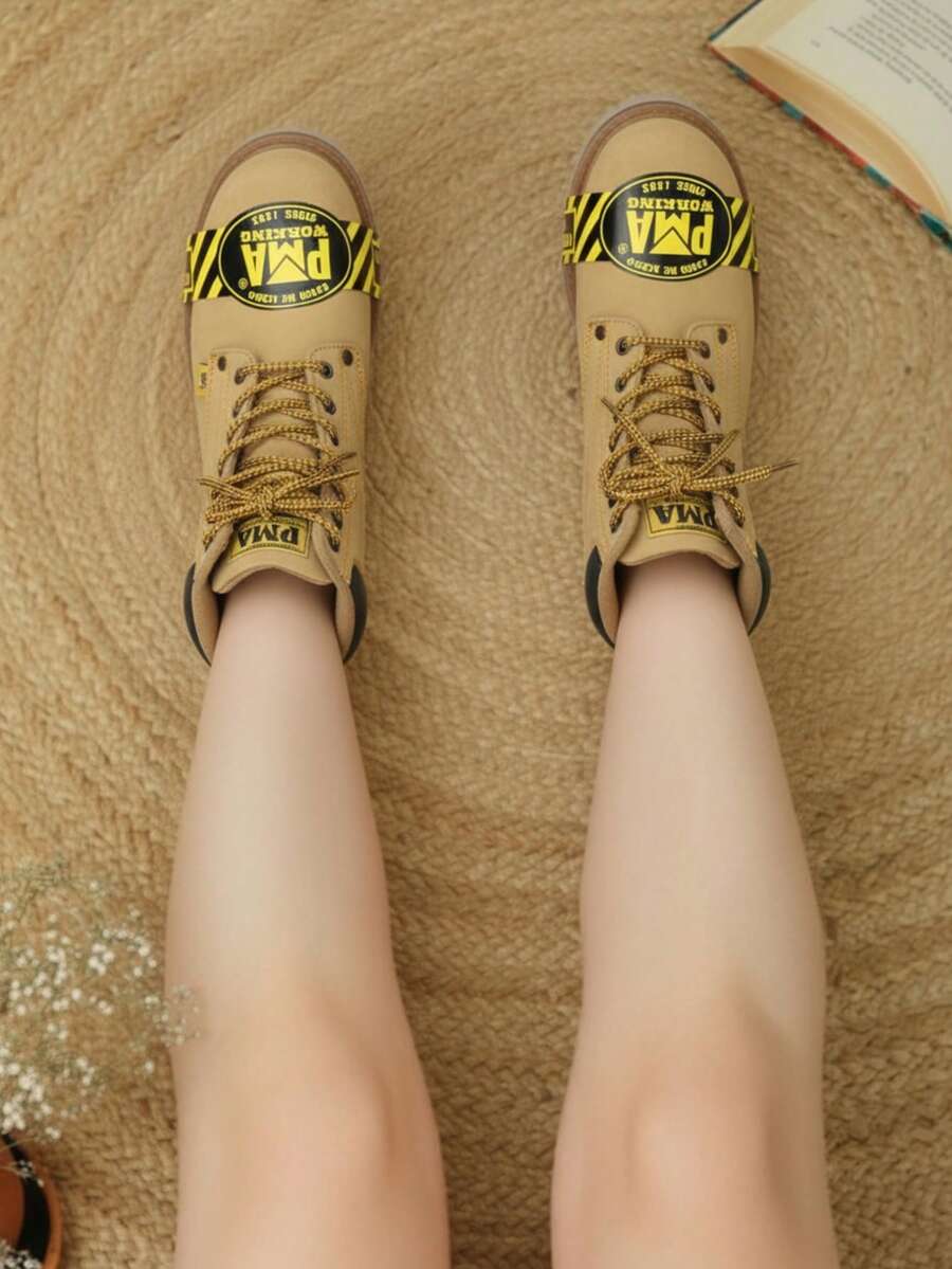 Bota masculina punta redonda casco de acero cordones suela antideslizante estilo industrial resistente trabajo botas - Marrón - Ver 1