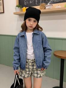 Elladie kids 青少年女孩 Y2K 风格牛仔夹克和外套，春秋和秋冬，复古中蓝色牛仔布颜色，拉链设计，简约百搭修身廓形，柔软舒适的面料，适合上学、通勤和日常时尚穿着 - 中等水洗藍 - 查看 4