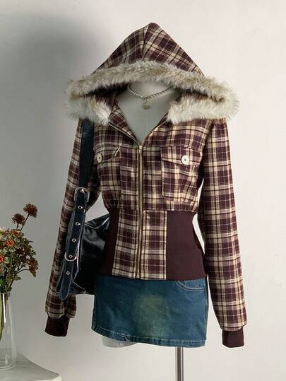 Elamini Women's Retro Waist Cinched Fitted Plaid Patchwork Hoodie Sweatshirt