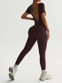 Dewbera 女士无缝豹纹短袖连体裤 - 棕色 - 查看 3