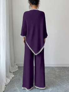 Elenzga Women's Casual Loose Poncho Design Top And Loose Contrast Color Pants Knit Two Pieces Set - Purple - View 2