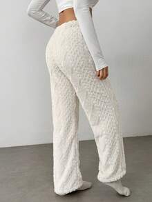 Flirla Women's Solid Color Drawstring Straight Leg Casual Fleece Warm Pants - White - View 2