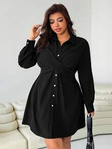 Solflare Váy sơ mi cài nút phía trước màu trơn thường ngày cỡ lớn dành cho người đi làm - màu đen - Xem 6