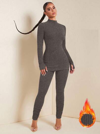 SHEIN SXY Fall Women Clothes;2pcs Women's Solid Stand Collar Long Sleeve Top And Pants Thermal Thermal Lined Set; ; ; Brown Suit Two Piece Set Women Comfy 2 Piece Lounge Sets Woman Grey Two Piece Set Legging Two Piece Set Comfortable Two Piece Set,Fall,Fall Clothes For Women