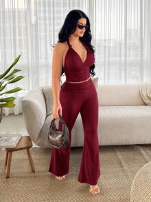 SHEIN SXY 2件套天蓝色休闲吊带上衣和裤子套装 - 酒紅色 - 查看 4