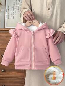 Vintaside Kids 1pc Baby Girls' Winter New 2025 Korean Style Shrimp Pink Ruffle Trim Pocket Zipper Front Hooded Thermal Lined Jacket, Simple Fashionable Versatile Commuting Cold-Proof Thick Outerwear For School - Pink - View 6