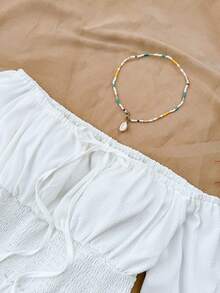 少女白色纹理泡泡面料露肩收腰A字裙，度假白色连衣裙，下午茶裙 - 白色 - 查看 3