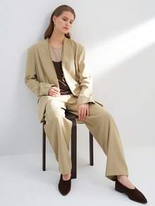 Airaco Traje de blazer y pantalones de un solo abotonado de unicolor para mujeres, para uso diario en otoño - Caqui - Ver 1