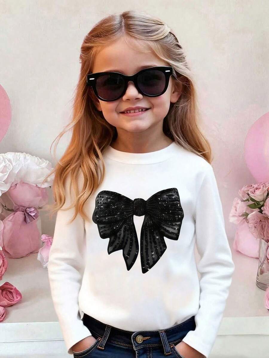 SHEIN 年轻女孩休闲时尚白色蝴蝶结装饰长袖圆领 T 恤，舒适上衣，适合春秋冬季休闲装和外出 - 白色 - 查看 1