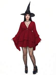 Whyspr Plus Size Women's Punk Dark Sweet Deep V Layered Ruffle Hem Long Sleeve Short Dress, Autumn/Winter - Burgundy - View 3