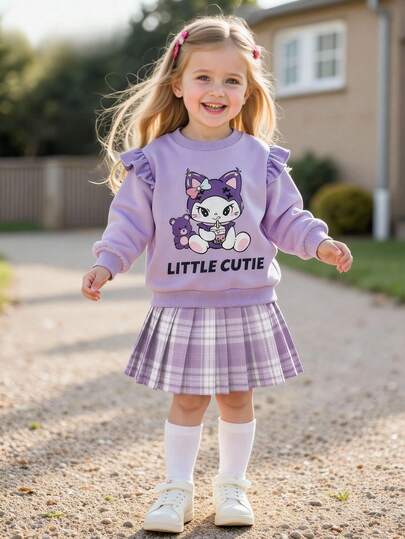 Playful Pals 2 件套幼儿女童休闲可爱卡通图案印花圆领长袖荷叶边运动衫和格子百褶裙套装，适合秋冬季外出、派对、返校