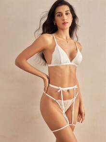 SHEIN (Non-Wired + G-String + Garter Belt With Leg Strap 3 Pieces Set) Floral Lace Triangle Cup Bow Sexy Romantic French Style Women Lingerie Set - White - View 6