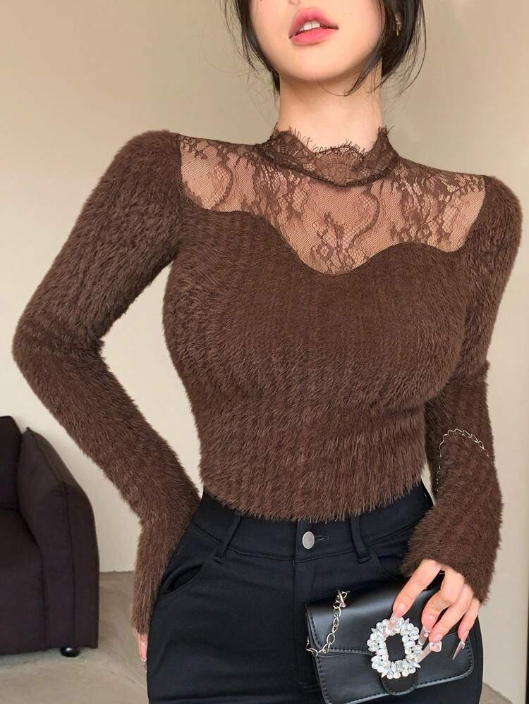 Autumn/Winter Brushed Lace Patchwork Slim Fit Stand Collar Fashionable Brown T-Shirt For Wedding, Party, Back To School Events Long Sleeve Women