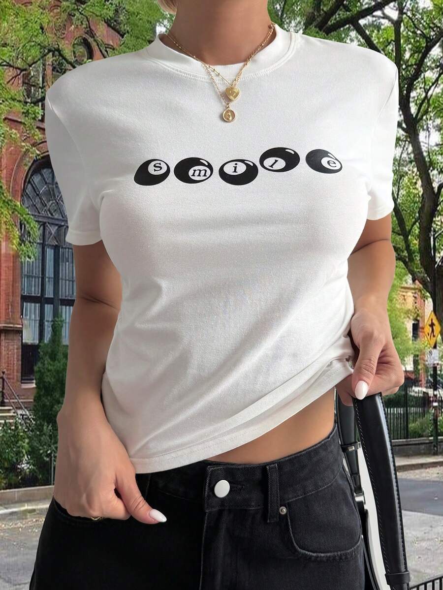 DAZY Women's Casual Letter Pattern Basic Fitted Short Sleeve T-Shirt, Autumn/Winter - White - View 1