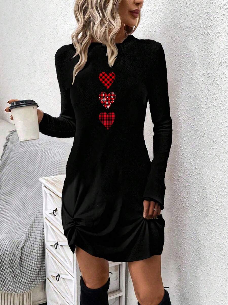 SHEIN LUNE Đầm dài tay ôm sát người họa tiết trái tim dành cho nữ, thích hợp cho mùa thu/đông, kiểu dáng năng động, thường ngày. - màu đen - Xem 1