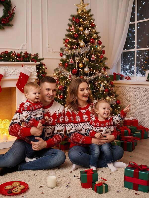 SHEIN Toddler Boys' Minimalist Christmas Reindeer Pattern Crew Neck Long Sleeve Sweater