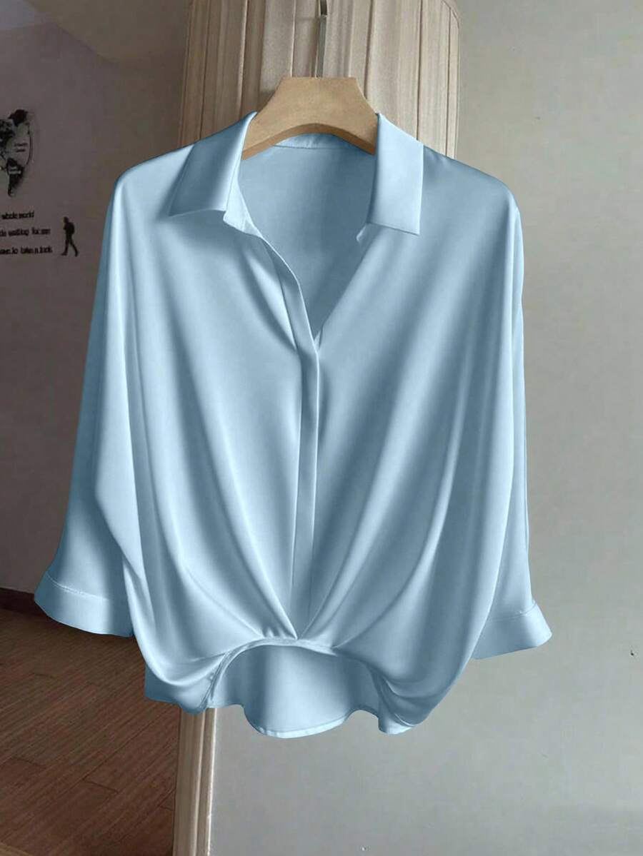 Franclia 女式优雅休闲七分袖褶边衬衫 - 淺藍色 - 查看 1