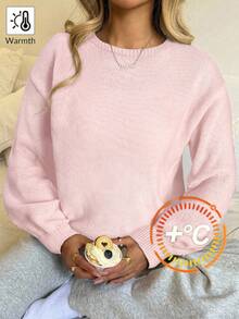 SHEIN 青少年女孩毛衣休闲灯笼袖短款女孩纯色长袖毛衣，灰色毛衣，秋季毛衣，秋季女孩毛衣，女孩毛衣，秋季毛衣，秋季服装，外出， - 粉色 - 查看 1
